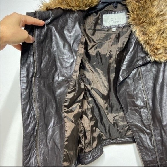 Bod Christensen Brown Leather Moto Jacket with Faux Fur Wide Collar M - Picture 6 of 13